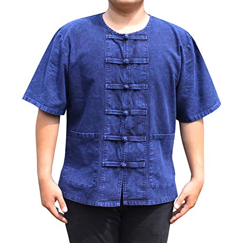 RaanPahMuang Mixed Cotton Chinese Short Sleeve Mandarin Open Collar Shirt
