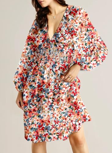 Dokotoo Fall Dresses for Women 2025 Boho Floral V Neck Long Sleeve Smocked Elastic Waist Casual A-Line Mini Dress Sundress3