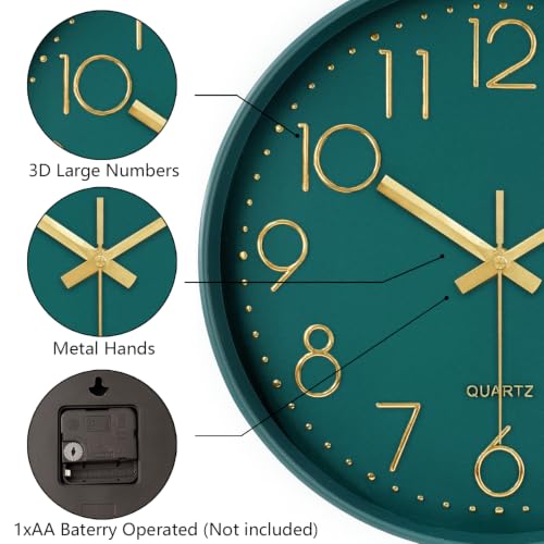 Image of Modern Silent Wall Clock, 14 Inch Wall Clocks Battery Operated | Large Number, Non-Ticking Analog Clock with Tempered Glass Quartz Clocks for Living Room Bedroom Office Kitchen, Dark Green