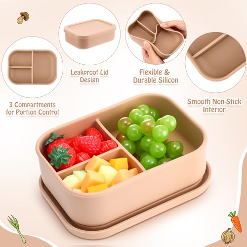 Image of Honeydak 4 Pcs Silicone Bento Box, 3 Compartment Lunch Food Container for Women Men, Leak Proof Microwave Easy to Clean Dishwasher Freezer Safe (Yellow)