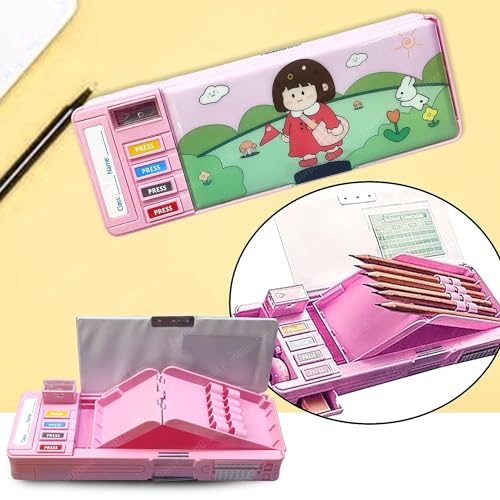 Image of LONGMIRE Plastic Pencil Box with Code Lock Pen Case Large Capacity Multi-Layer Multi-Function Storage Bag Secret Compartment Pencil Box for Kids- Multi-Color (Girl)