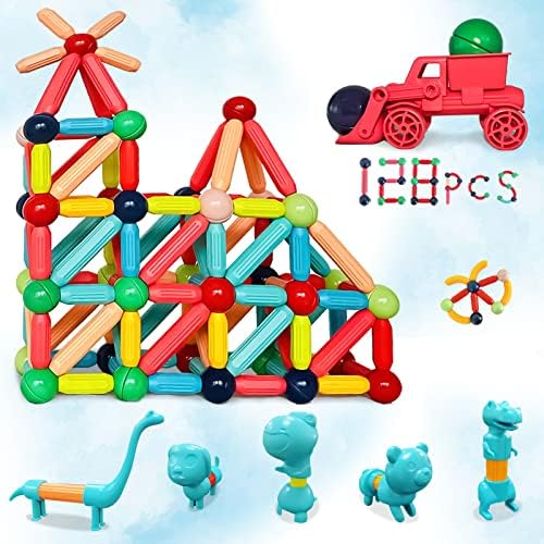 MKbobean Magnetic Balls and Rods Set, DIY Magnetic Sticks and Balls Building Set, 3D Magnet Learning Education STEM Toys, Toddler Kids Montessori Toys 3+ Year Gifts for Kids(128PCS +car Toy +Animal)
