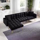 Black L Shaped Sectional Couches, Sofa Bed Set with Adjustable Backrests, Convertible Velvet L-Shaped Sleeper Sofa with Reversible Chaise, Modular Furniture with Nailhead Trim, Tufted Futon Couch