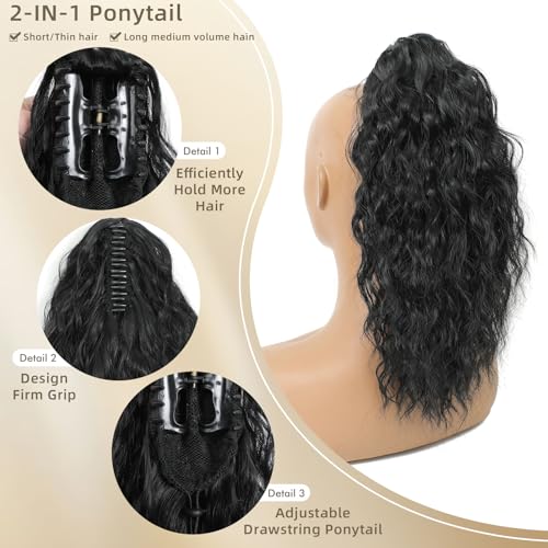 Image of Claw Clip Ponytail Extension 16In Long Wavy Curly Hair,Black