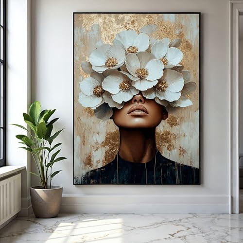 Décoration intérieure femme aux fleurs blanches, peinture abstraite contemporaine 21 x 30 cm