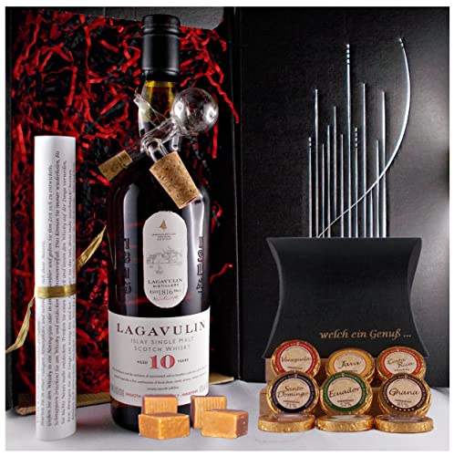 H-BO Geschenk Lagavulin 10 Jahre Single Malt Whisky + Glaskugelportionierer + Edelschokolade + Fudge