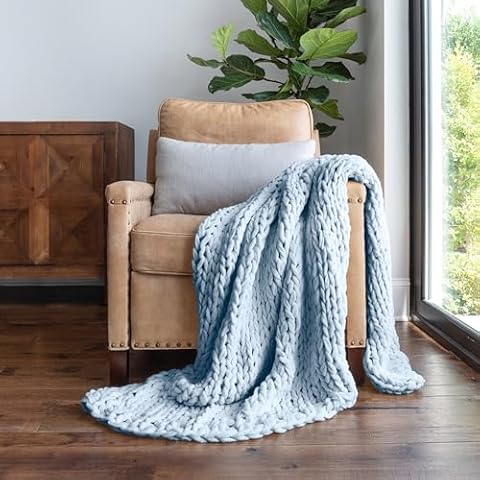 Linen Market Beddings Oversized Chunky Knit Throw Blanket-100% Ultra-Soft Acrylic Hypoallergenic - 47'' x 59'' Cozy Home Accent for Snuggling, Lounging, and Stylish Décor (Light Blue) Cover