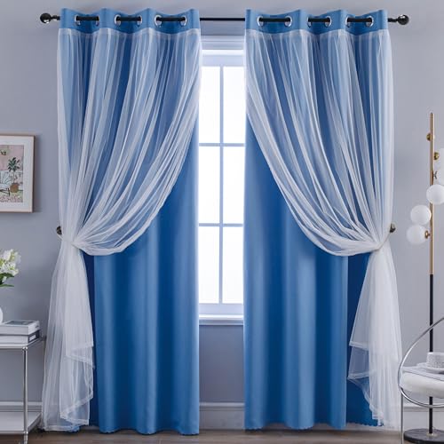 Image of Anytime Double Layer Blackout Curtains 2 Panels,52Wx95L,Blue | Sheer And Fabric Window Drapes Grommet Top Solid Color Bedroom Living Room Home Decor