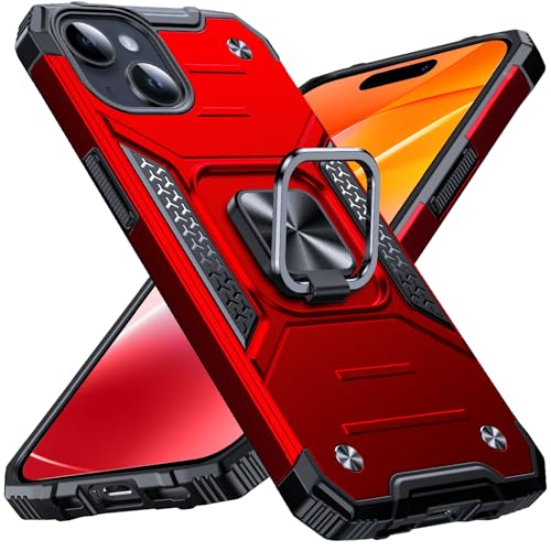 Image of Anqrp Heavy Duty Case for iPhone 15 Case with Enhanced Ring Holder Grip Stand, Military Grade Shockproof Rugged Drop Protective Silicone Hard Slim iPhone 15 Phone Case Cover,Corail Red