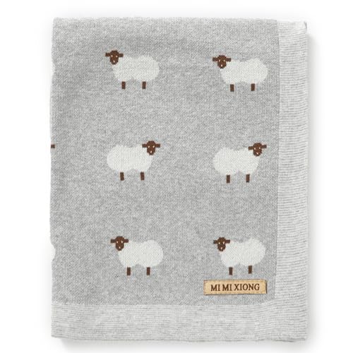 Image of mimixiong Baby Blanket Knit 100% Cotton Toddler Blankets for Boys and Girls with Cute Sheep Grey Size 30 x 40 inches Grey
