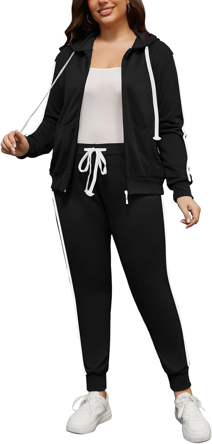 PINSV Women Plus Size 2 Piece Outfits Sweatsuits Full Zip Hooded Sweatshirt Sweatpants Tracksuits - Image 3