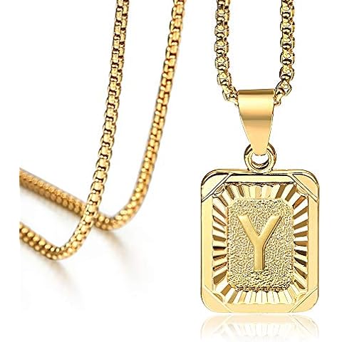 Hermah Gold Plated Square Capital Initial Letter Y Charm Pendant Necklace for Men Women Box Steel Chain 22inch Link Cover