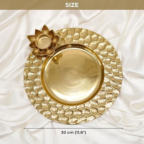 Image of BEHOMA Golden Lotus Tray with Tea-Light Holder, 30cm | Golden lotus tray with tea-light holder & honeycomb design, 30cm; ideal wedding & mehndi thali gift.