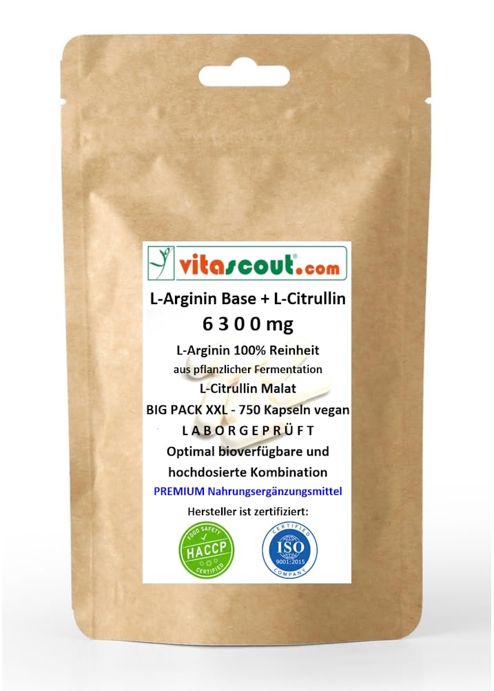 L-Arginin Base + L-Citrullin 6300 – 750 Kapseln VEGAN, Pflanzliches Arginin in Base-Form, 100% Reinheit – Optimales Mischungsverhältnis - LABORGEPRÜFT - ohne Magnesiumstearat