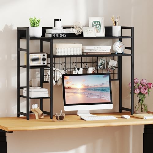 Image of Tangkula Desktop Bookshelf for Computer 32 inch Monitor, 37 inch Countertop Storage Hutch with 4 Open Storage Shelves, Grid Panel, Anti-tip Device, 4-Tier Desktop Display Shelves for Home Office