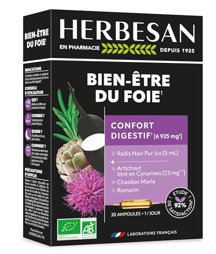 HERBESAN – BIEN-ÊTRE DU FOIE – Radis Noir, Artichaut, Chardon Marie, Romarin – Laboratoire français – 20 ampoules de 10 ml
