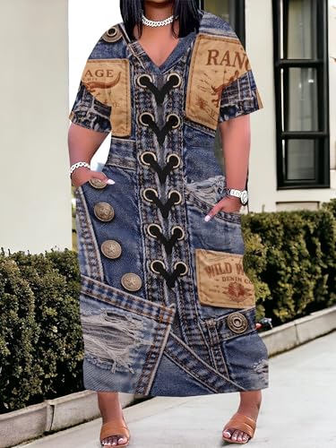 Image of SUZONANA Plus Size Denim Print Maxi Dresses for Women Casual V Neck Short Sleeve with Pockets Soft Jean Look Dress XL-6XL