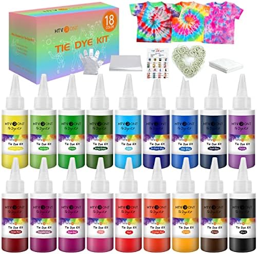 HTVRONT Tie Dye Kit for Kids and Adults - 18 Colors 80ML Pre-Filled Bottles Permanent Non-Toxic Tye Dye Kits for Clothing T-Shirt Fabric Textile Craft Party Handmade Project(Just Add Water)