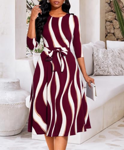 Image of Casual Dresses for Women Midi Church A-Line Fit and Flare Dress Crewneck 3 /4 Sleeve Party Dress