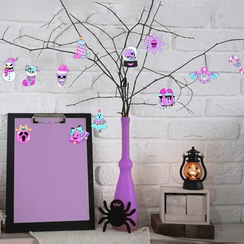 Fangleland Pastel Christmas Gothic Wooden Ornaments for Tree Spooky Gothic Skull Crystal Ball Snowman Hanging Decorations for Xmas Winter Holiday Party Outdoor Indoor - Image 4