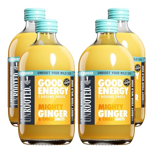 UNROOTED GOOD ENERGY Mighty Ginger Chilli & Baobab Health Shots - High in vitamin C Supports Immune System and Caffeine-free Natural Energy Booster 7x Daily Dosing Shots Multipack 4 x 420ml Bottles