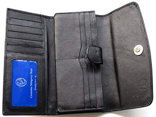 Genuine Real Stingray Skin Leather One Eye Trifold Clutch Black Wallet #TOP5