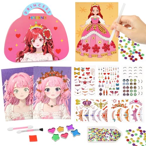JoyPlus Lavoretti Creativi per Bambina, Libro Trucco Principessa, DIY Pittura Diamante, Libri Adesivi Bambini, Kit per Pittura con Diamanti Bambini Tema Principessa, Regalo Bambina 4 5 6 7 8 9 10 Anni