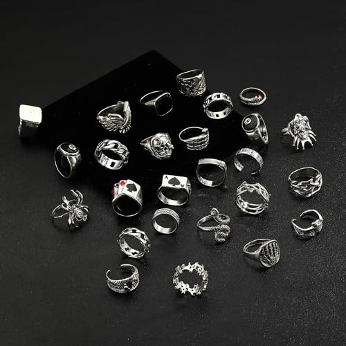 26 Pcs Vintage Silver Punk Rings Set for Men Cool Gothic Chunky Rings Statement Snake Wing Signet Ring Set2