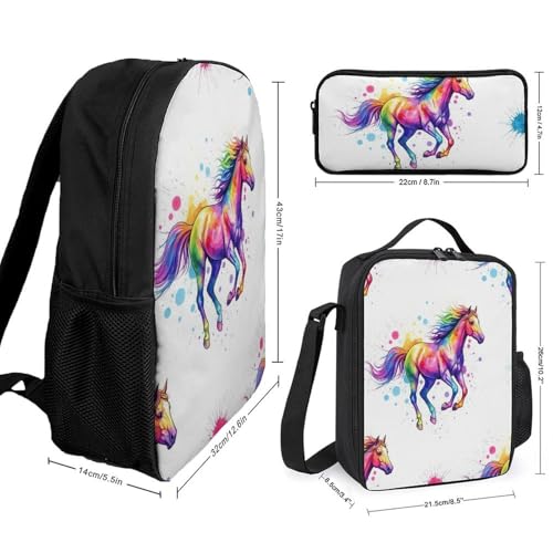3PCS Backpacks Set, Large Capacity Travel Daypack 17 Inch Watercolor Horse Insulated Lunch Bag Lightweight Compact Pencil Pen Case2