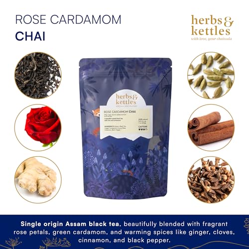 Image of Herbs & Kettles Refill - Rose Cardamom Chai - 7 oz (200 g) | Single-Origin Assam Black Tea with Rose Petals & Green Cardamom | Spiced Floral Chai | Hot or Iced Tea