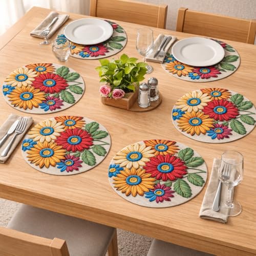Image of Jute Cotton Round Table Mats Set of 4 - Dining Table mat 4 Pieces Floral Printed Waterproof, Elegant and Durable for Dining Table (Set of 4)