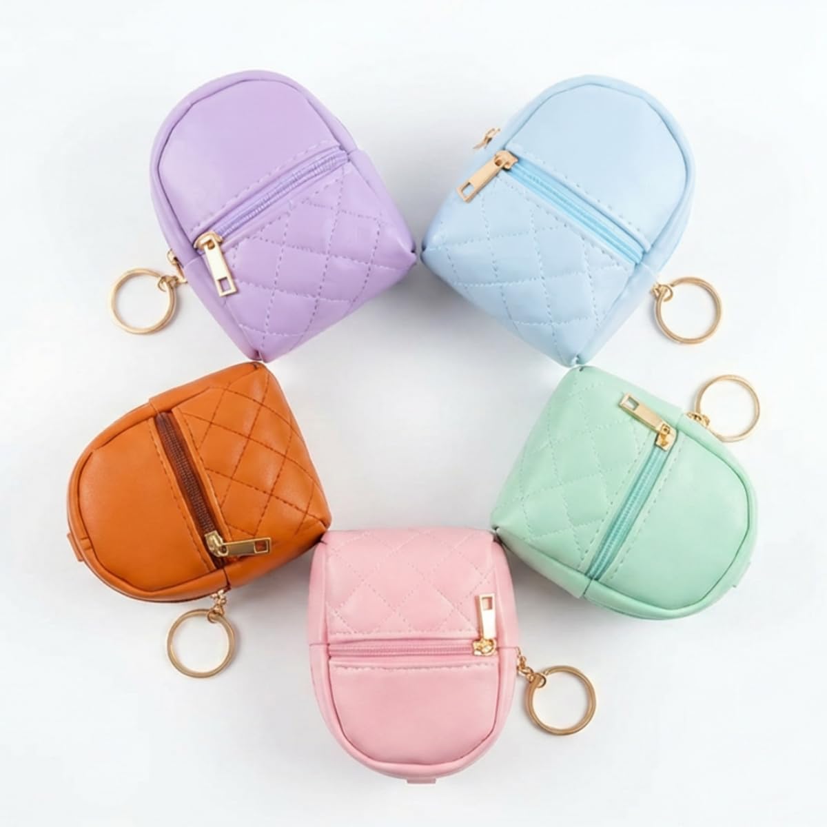 5 Pcs Mini Backpack Keychain Cosmetic Bags, PU Leather Zipper Organizer Pouches - Cute Travel Makeup Purse for Lipstick, Coin, Card, Data Cable Storage, Portable Wallet Case for Women