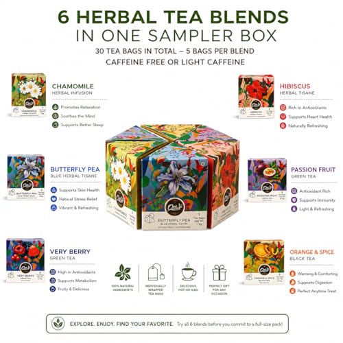 Image of Otler Herbal Tea Sampler - 6 Blends | Hibiscus, Chamomile, Passion Fruit, Berry & More | 30 Herbal Tea Bags (5 Per Blend) | Detox, Relax & Gifting | Caffeine Free | 100g