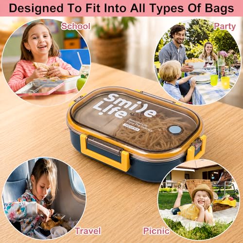 Image of WISHKEY Stainless Steel Lunch Box with Plastic Condiment Box for Kids & Adults, Air Tight Leak Proof Food Storage Container Stylish Tiffin Box Set for School & Office, 710 ml (Pack of 1, Blue)