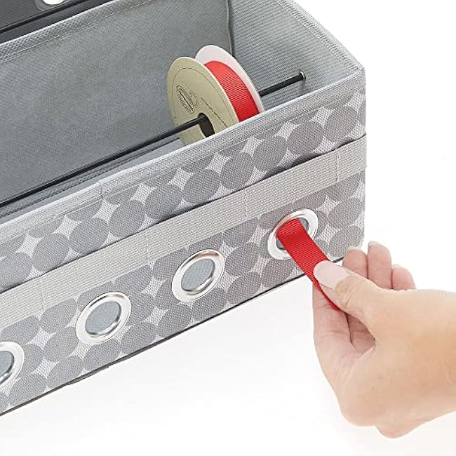 mDesign Gift-Wrapping Ribbon Storage Box with Handles - Holiday Bow Organizer Container with Lid - Christmas Giftwrap Ribbon Holder - Gift Storage Tote Bin and Bow Station with Polka Dots - Gray