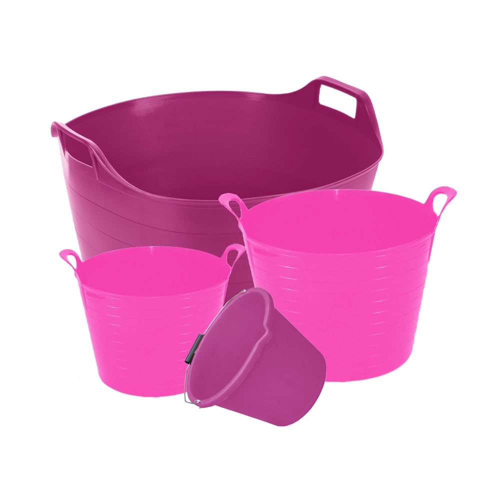 M1ss Pink Colour 26L, 42L, 75L Flexi Tub With 3 Gallon Bucket - Garden Home Flexible Plastic Storage Container Bucket Tub Trug Horse Feeder Water Bucket For Cleaning, Bath, Fishing (Set Of 4)