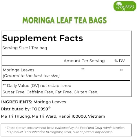 TOG999, Premium 30 Moringa Leaf Tea Bags, 100% Natural & Pure. Loose Leaf Moringa Herbal Tea. No Sugar, No Caffeine, No Gluten, Vegan. - 1