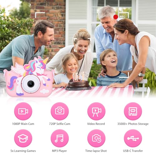 Envyvip Unicorn Toys Camera for Kids Girls Age 3-8, Toddler Kids Digital Camera Christmas Birthday Gifts for 3 4 5 6 7 8 Years Old Girl, Cute Selfie Video Camera, HD 1080P, 32GB SD Card Included, Pink by Envyvip - Image 2