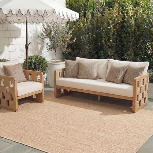 SAFAVIEH Washable Rug Outdoor Courtyard Collection - 6'7' x 9'6', Natural & Cream, Non-Shedding & Easy Cleaning, Ideal for Patio, Backyard, Mudroom (CY8022-03012)