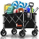 Collapsible Wagon Cart with Wheels Foldable, Folding Wagon Cart with All Terrain Wheel, Large Grocery Carts On Wheels, Heavy Duty Utility Wagons for Shopping Beach Sports Fishing Camping, 110L, Black