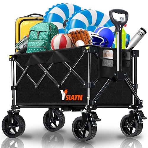 Collapsible Wagon Cart with Wheels Foldable, Folding Wagon Cart with All Terrain Wheel, Large Grocery Carts On Wheels, Heavy Duty Utility Wagons for Shopping Beach Sports Fishing Camping, 110L, Black