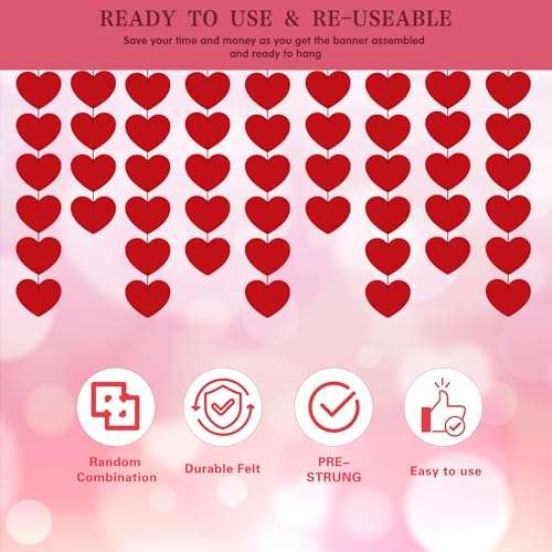 Image of OHOME Valentines Day Decorations - 40 Pack Red Felt Heart Hanging Banner Backdrop | Valentines Decor Party Supplies Favors for Wall Home Office - Galentines Day Decorations for School Classroom Outdoor Indoor