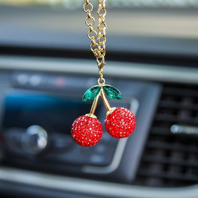 Cherry Car Accessories Bling Rear View Mirror Charms Crystal Suncatcher Car Mirror Hanging Accessories Cute Red Pendant Auto Interior Decor