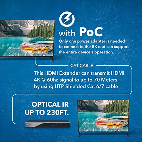 Image of OREI 4K HDMI Extender Over Ethernet, Extender Balun Over Cat6 /Cat7 with Audio Extractor Optical IR up to 230 Feet - Loop Out - 4K@60hz Full UltraHD Signal - Low Latency - Full Support | HDMI Over Cat6, HDMI Extender 4K - 18Gbps, HDR10+, Dolby Vision, HLG, LPCM 7.1, DTS-HD Master, Bi-directional PoC