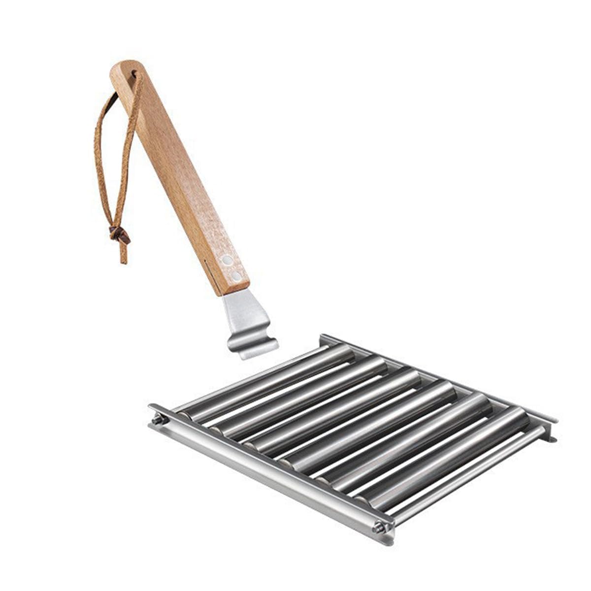Namvo Parrilla para Perros Calientes, Parrilla con Rodillos para Barbacoa para Salchichas de Acero Inoxidable con Mango de Madera Extra Largo, Parrilla para Perros Calientes para Perros Calientes