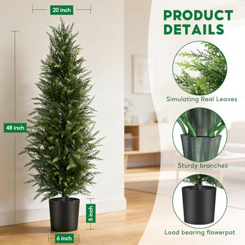 Artificial Cedar Topiary Trees 4FT, Set of 2 – Outdoor Faux Evergreen Trees for Front Porch, Tall Slim Artificial Trees for Front Door, Patio, Garden & Entryway Décor - Image 3