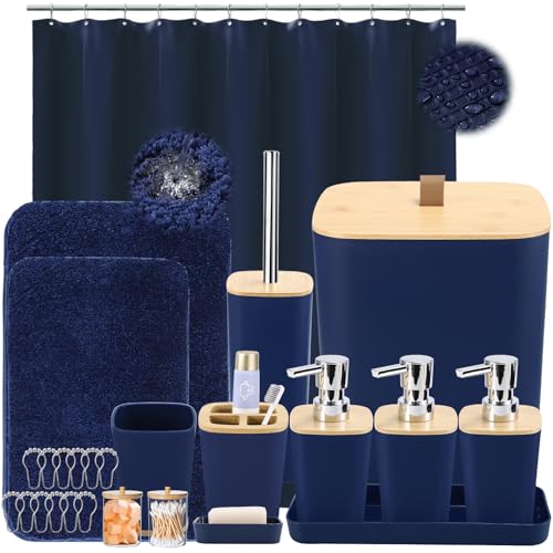 Image of XLHOMO Blue Bathroom Sets with Shower Curtain and Rugs