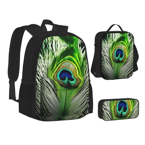nanger Green Peacock Feather Print 3-Piece Set Backpack, Lunch Bag And Pencil Case, For Travel, College, And Daily Use2