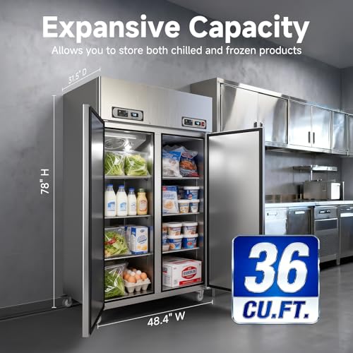 Image of VEECOOL Commercial Refrigerator Freezer Combo WiFi Enabled with Smart App Control, 48 inch W 36 Cu.Ft Dual Temperature Stainless Steel Upright Fridge and Freezer Combo for Restaurant, Garage, Kitchen