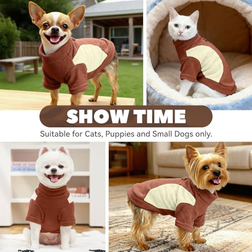 Image of Small Fleece Dog Sweater with Leash Ring Soft Warm Fall Winter Dog Clothes Cute Cat Apparel Puppy Sweaters Classic Pullover Doggy Sweatshirts Chihuahua Costumes Cat Outfits(Brown,XS)
